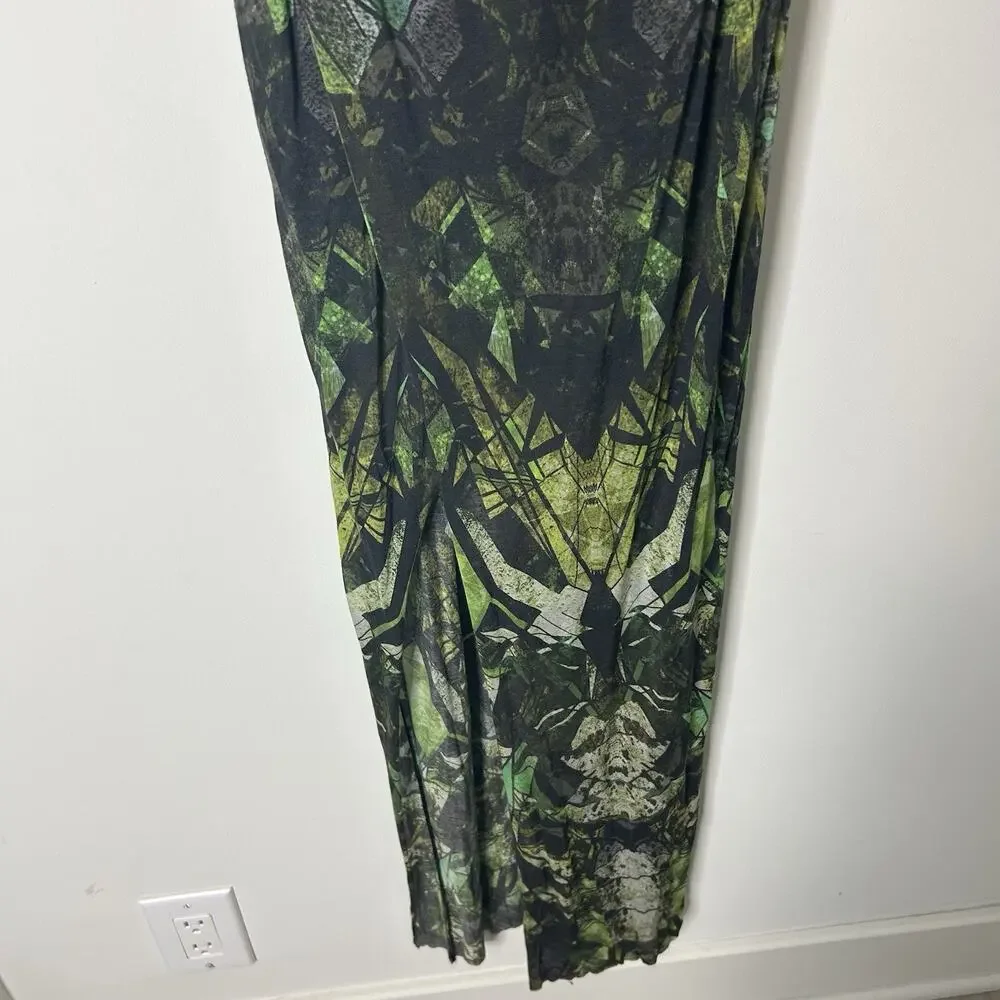 HELMUT LANG Dress Womens Medium Cicadae Print Slit Overlap Maxi Lizard Green - Picture 3 of 9